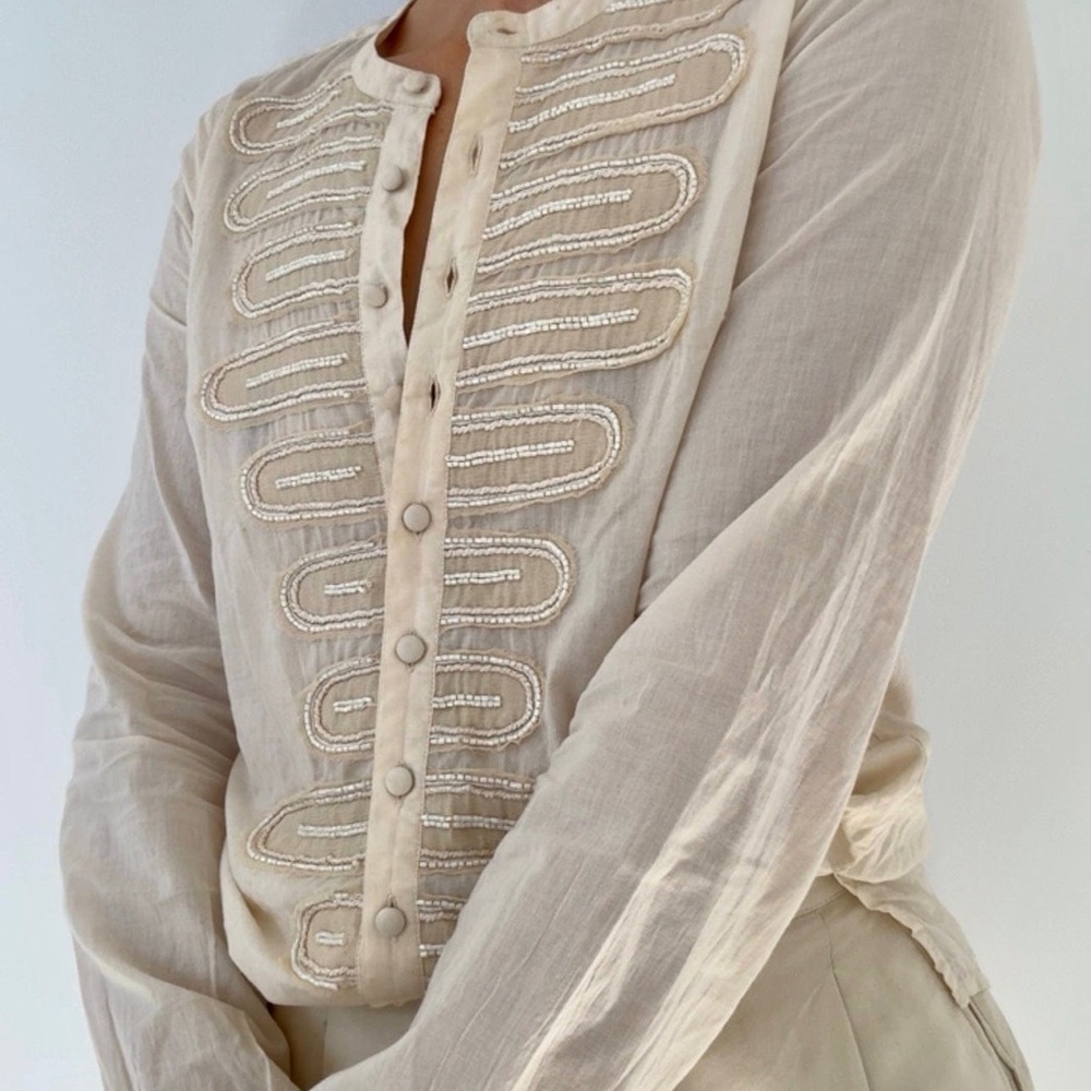 Antik Batik Cream Embellished Blouse with Mandarin Collar Girls 10/ Women’s XXS